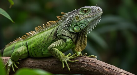 Obraz premium Green iguana resting on a tree branch against blurred background