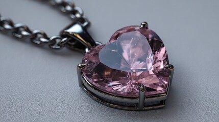 Elegant Heart-Shaped Pink Crystal Pendant Necklace with Silver Chain and Metal Setting for Romantic Gift or Fashion Accessory on Gray Background