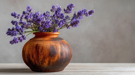 Beautiful rustic clay vase filled with fresh vibrant purple lavender flowers on a wooden surface against soft neutral background perfect for interior decor or floral arrangements