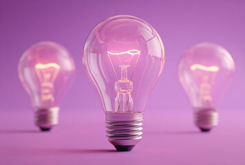 Close-up of illuminated incandescent light bulbs with glowing filaments on purple