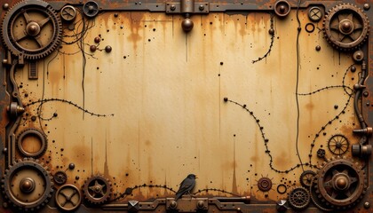 A vintage steampunk themed desktop background featuring an open book with pages of paper and metal gears, creating a sense of a mechanized time traveler's logbook or guidebook.