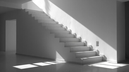 A minimalist white staircase is dramatically illuminated by a diagonal shaft of sunlight creating strong geometric shadows