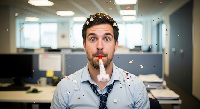 Young man celebrating with party blower in office environment  