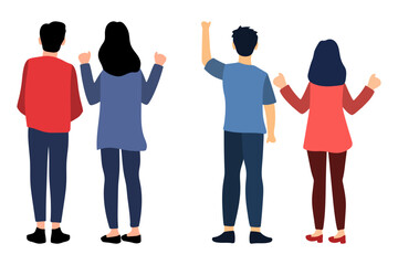 Fototapeta premium Group of People with Raising Their Hands And Celebrating Back View Illustration