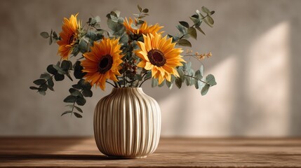 Beautiful sunflower bouquet in a beige ribbed ceramic vase with eucalyptus leaves arranged on a wooden surface with natural sunlight and soft shadows