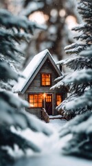 Cozy cabin in snowy woods