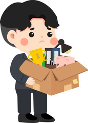 Illustration of Sad Man Holding Cardboard Box leaves work 