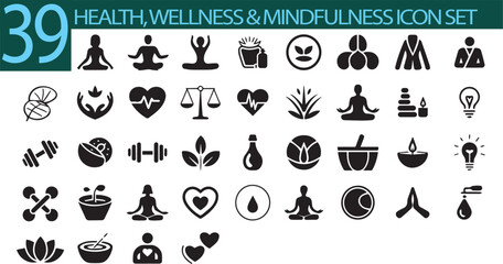 Essential health, wellness, and mindfulness icon set for a holistic lifestyle and balanced well-being promotion in modern designs