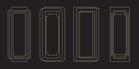 Thin golden frame set. Gold geometric border collection in art deco style. Thin linear shining rectangular shape bundle. Eps 10