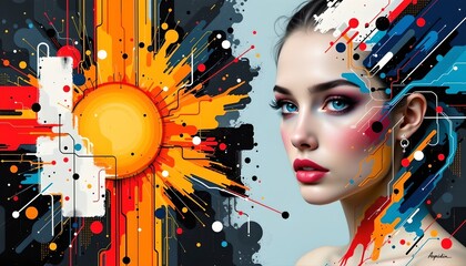 A digital illustration features a woman with vibrant makeup and striking blue eyes. She has a full face look that includes elaborate eye shadow, contoured cheekbones, and glossy lipstick