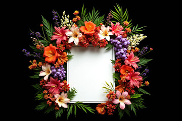 Flat lay of colorful flowers and tropical leaves arranged around a white rectangular frame on a black background. Vibrant, dramatic, artistic floral design with strong contrast.