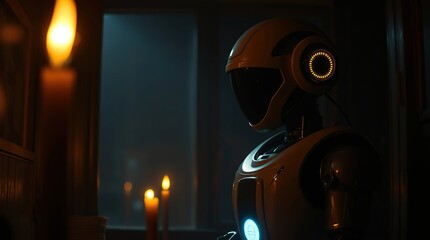 Robot in dimly lit room.