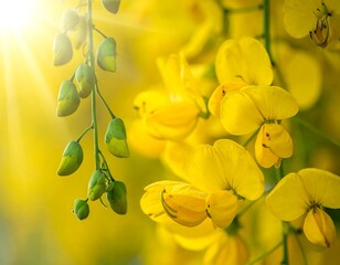 Vibrant yellow flowers basking in sunlight, some buds still closed