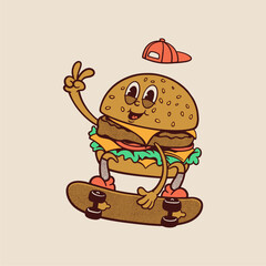 Groovy burger breakfast character in retro cartoon. Mascot, vector, icon, colection, sticker, vintage, illustration, set, funny, logo, comic, vintage, line art, logo