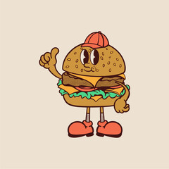 Groovy burger breakfast character in retro cartoon. Mascot, vector, icon, colection, sticker, vintage, illustration, set, funny, logo, comic, vintage, line art, logo