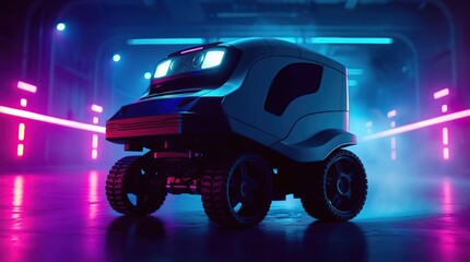 Futuristic Robot in Neon Garage.