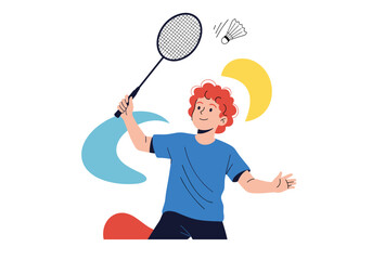 Young athlete enjoys playing badminton with shuttlecock and racket during a sunny day.