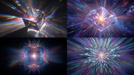 Sparkling geometrical crystal prism reflecting colorful rays of light with starburst effects.