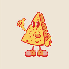 Groovy cheese breakfast character in retro cartoon. Mascot, vector, icon, colection, sticker, vintage, illustration, set, funny, logo, comic, vintage, line art, logo