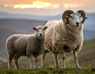 Fototapeta premium Majestic ram and lamb stand together in a scenic mountainous landscape at sunset