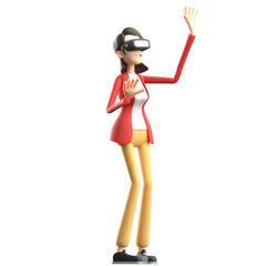 Cartoon Woman in Red Jacket Experiencing Virtual Reality with VR Headset Reaching Out Isolated on Transparent Background for Metaverse Technology Illustration