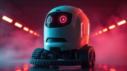 Futuristic Robot in Neon Tunnel.