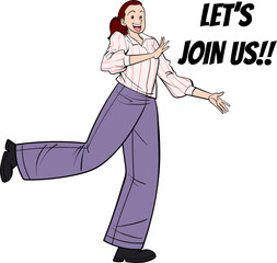 Cartoon Woman in Striped Shirt Lavender Pants Encouraging Lets Join Us Text and Transparent Background