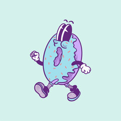 Groovy donut breakfast character in retro cartoon. Mascot, vector, icon, colection, sticker, vintage, illustration, set, funny, logo, comic, vintage, line art, logo