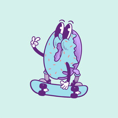 Groovy donut breakfast character in retro cartoon. Mascot, vector, icon, colection, sticker, vintage, illustration, set, funny, logo, comic, vintage, line art, logo