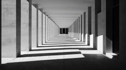 Fototapeta premium Architectural corridor with repetitive patterns, strong light and shadow rhythm, modern minimalism with artistic appeal