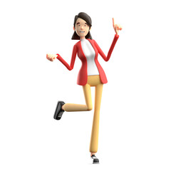 Cartoon Woman in Red Jacket Points Upward with Joyful Pose on Transparent Background