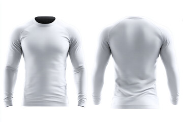 A blank white long sleeve athletic shirt shown from the front and back The rash guard compression top is a perfect mockup template for apparel design isolated on a simple white background