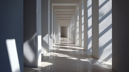 Obraz premium Architectural corridor with repetitive patterns, strong light and shadow rhythm, modern minimalism with artistic appeal