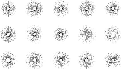 Collection of sunburst vector shapes simple line art design elements isolated on white background for graphic design projects