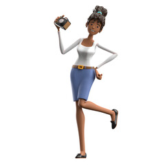 Cartoon Woman with Camera in White Shirt and Blue Skirt on Transparent Background