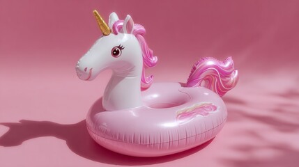 Bright unicorn float isolated in negative pink space, bold minimalist style conveying fun summer holiday energy, trendy and modern