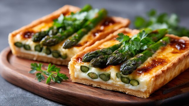 Asparagus quiche tart served on wooden board