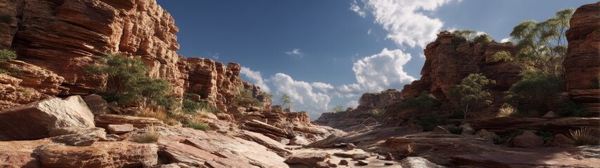 Fototapeta premium Stunning hdr panorama of rocky landscape with lush vegetation in a serene environment