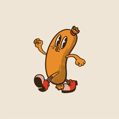 Groovy sausage breakfast character in retro cartoon. Mascot, vector, icon, colection, sticker, vintage, illustration, set, funny, logo, comic, vintage, line art, logo, editable