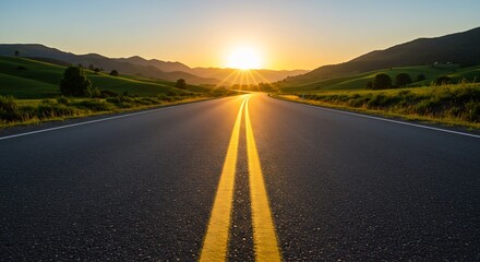 Fototapeta premium Empty Asphalt Road Leading Through Scenic Green Mountains at Sunset with Vibrant Sun Rays