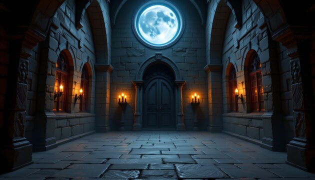 A dark, stone floored room with Gothic architecture features two arched doorways and a large, round stained glass window. The room is illuminated by candlelight and the glow of an orange lantern - Powered by Adobe