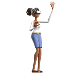 Cartoon Young Woman Character Wearing Vr Headset with Arm Raised in White Top and Blue Shorts Against Transparent Background