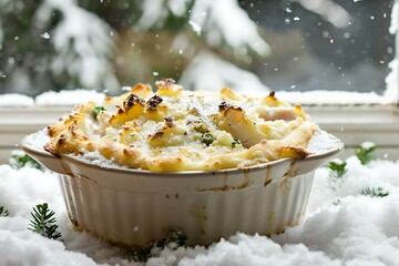 Shepherd's pie on snowy windowsill, winter comfort food