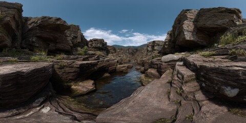 Obraz premium Panoramic hdr landscape exploration rocky riverbed nature environment aerial view