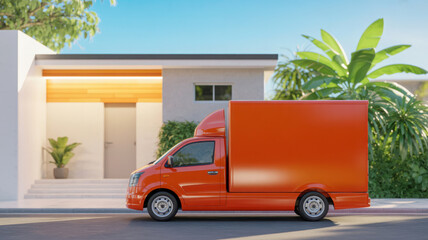 Bright Orange Delivery Truck Parked in Front of Modern House. Orange delivery van, Modern delivery truck ready for moving and delivery, organized, and efficient logistics servic