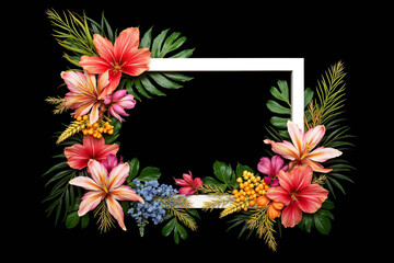 Flat lay of colorful flowers and tropical leaves arranged around a white rectangular frame on a black background. Vibrant, dramatic, artistic floral design with strong contrast.