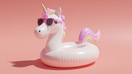 Fun summer vibe captured through a single unicorn float against a pastel pink background, clean design and trendy visual appeal