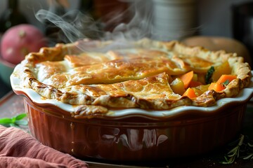 Homemade vegetable pot pie with flaky crust, steaming hot.