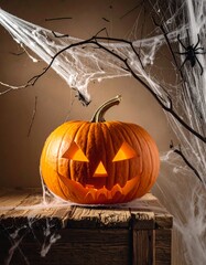 Jack-o'-lantern on rustic wooden crate