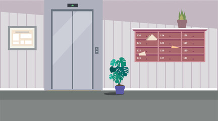 Elevator Hallway. Apartment Elevator Lobby with Notice Board, and Staircase. A residential corridor. The interior of the 1st floor. Vector illustration of the interior of a room, corridor or hallway 